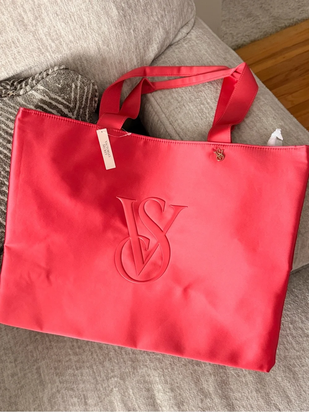Victoria's Secret Bright Strawberry Coral Satin Embossed VS Tote